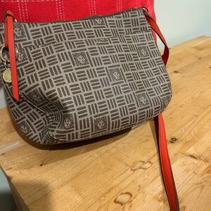 Stylish Brown Patterned Crossbody Bag with Red Accents
